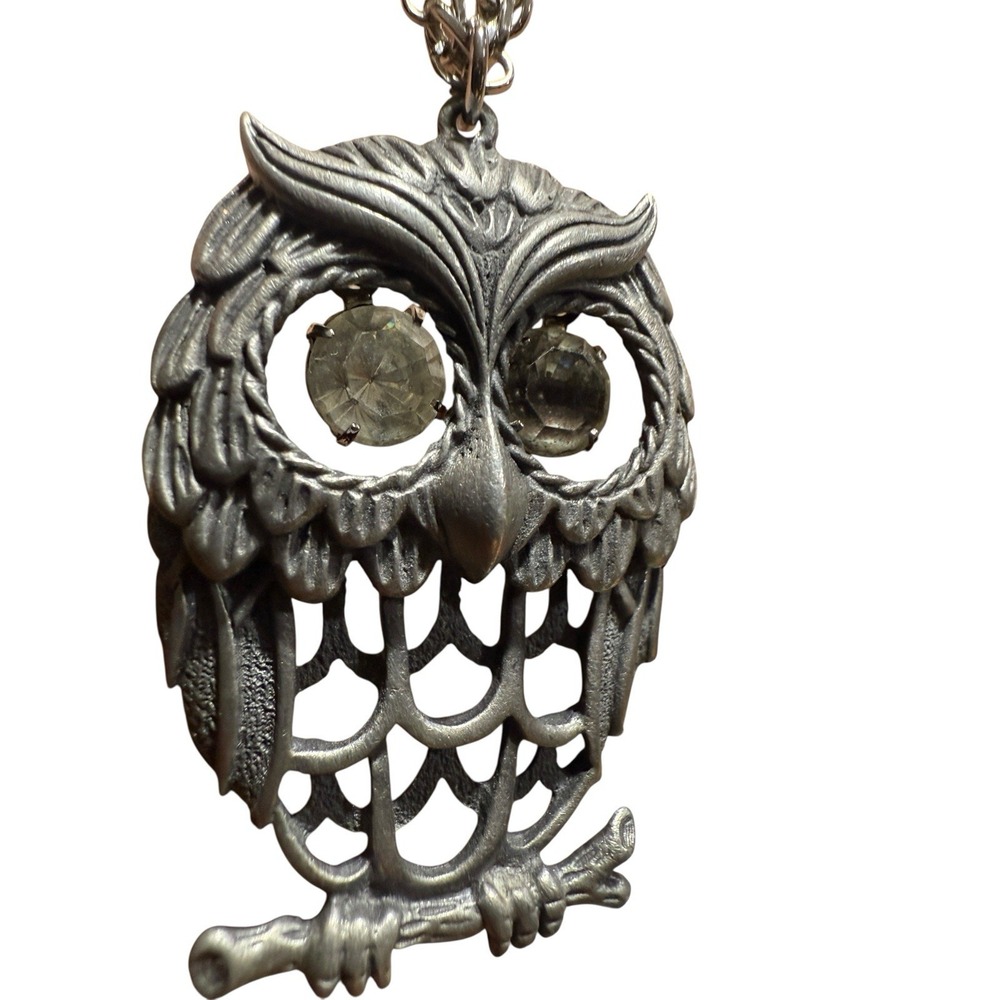 Vtg 70s Silver Tone Owl Pendant Necklace Rhinestone Eyes Retro Statement Jewelry